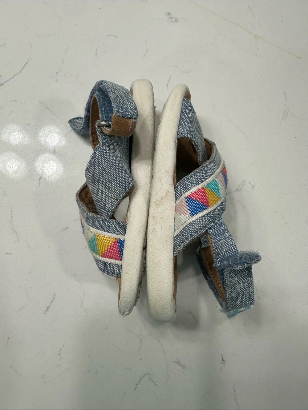 TOMS Kids Blue Denim Sandals with Rainbow Geometric Trim